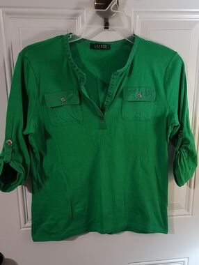Lauren Ralph Lauren Kelly Green Popover Blouse with Roll Tabs